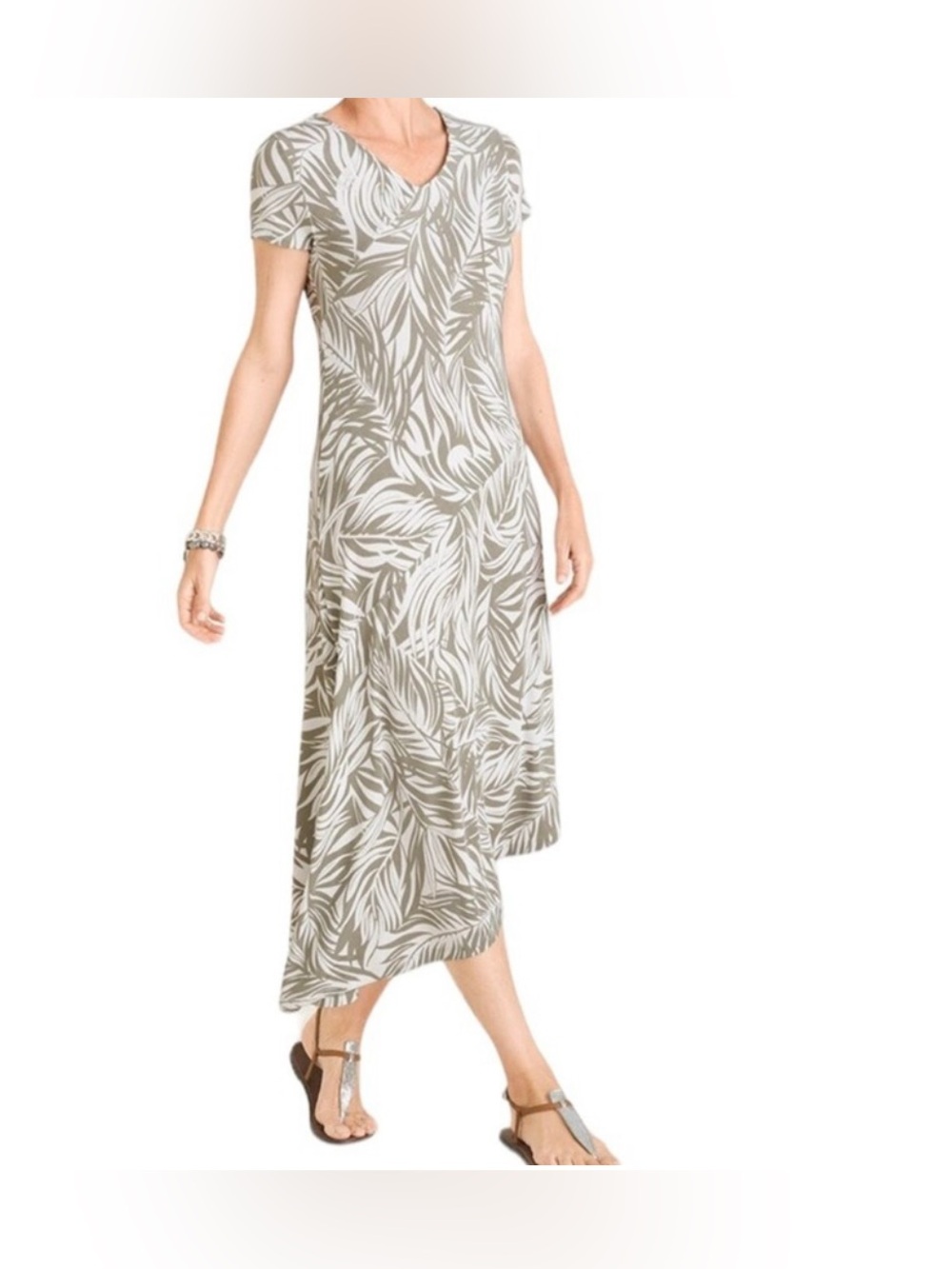 Chico's Travelers Asymmetrical-Hem Dress Size XL-16/18 Vetiver Combo Palm Print